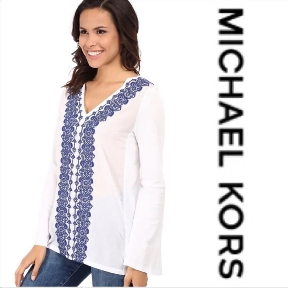 NWOT Michael Kors Blue and white Embroidered Top